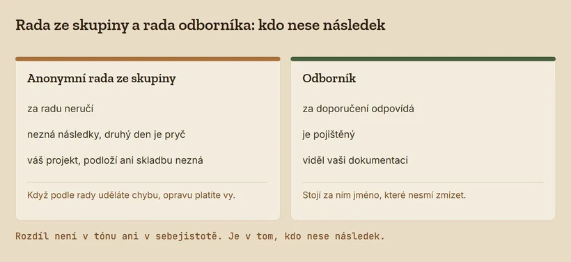 Dvě karty: anonymní rada ze skupiny za radu neručí, nezná následky a váš projekt, opravu platíte vy; odborník za doporučení odpovídá, je pojištěný a viděl vaši dokumentaci