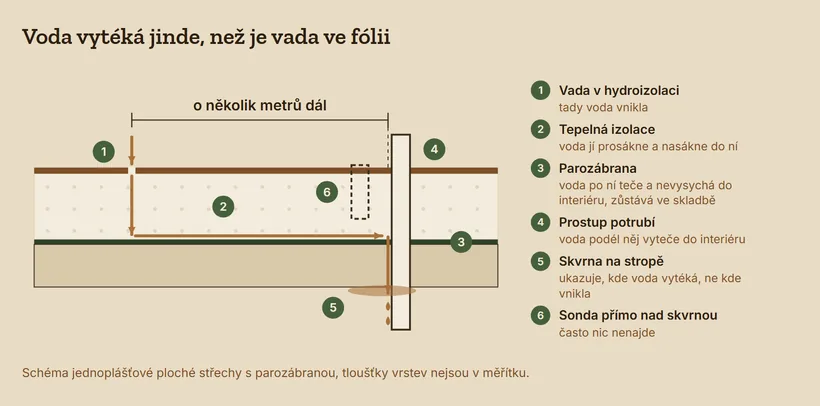 Řez jednoplášťovou plochou střechou: voda projde vadou ve fólii, prosákne tepelnou izolací, teče po parozábraně o několik metrů dál a do interiéru vyteče podél prostupu potrubí. Skvrna na stropě je u prostupu, sonda přímo nad skvrnou často nic nenajde.