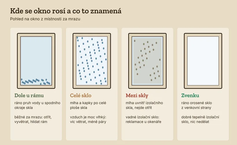 Čtyři okna za mrazu: voda dole u rámu je běžná, mokré celé sklo znamená vlhký vzduch, mlha mezi skly vadné izolační sklo a orosení zvenku dobré izolační sklo.