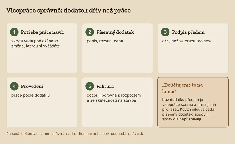 Pět kroků víceprací od potřeby práce navíc přes písemný dodatek a podpis předem po kontrolu faktury; varování před doúčtováním na konci